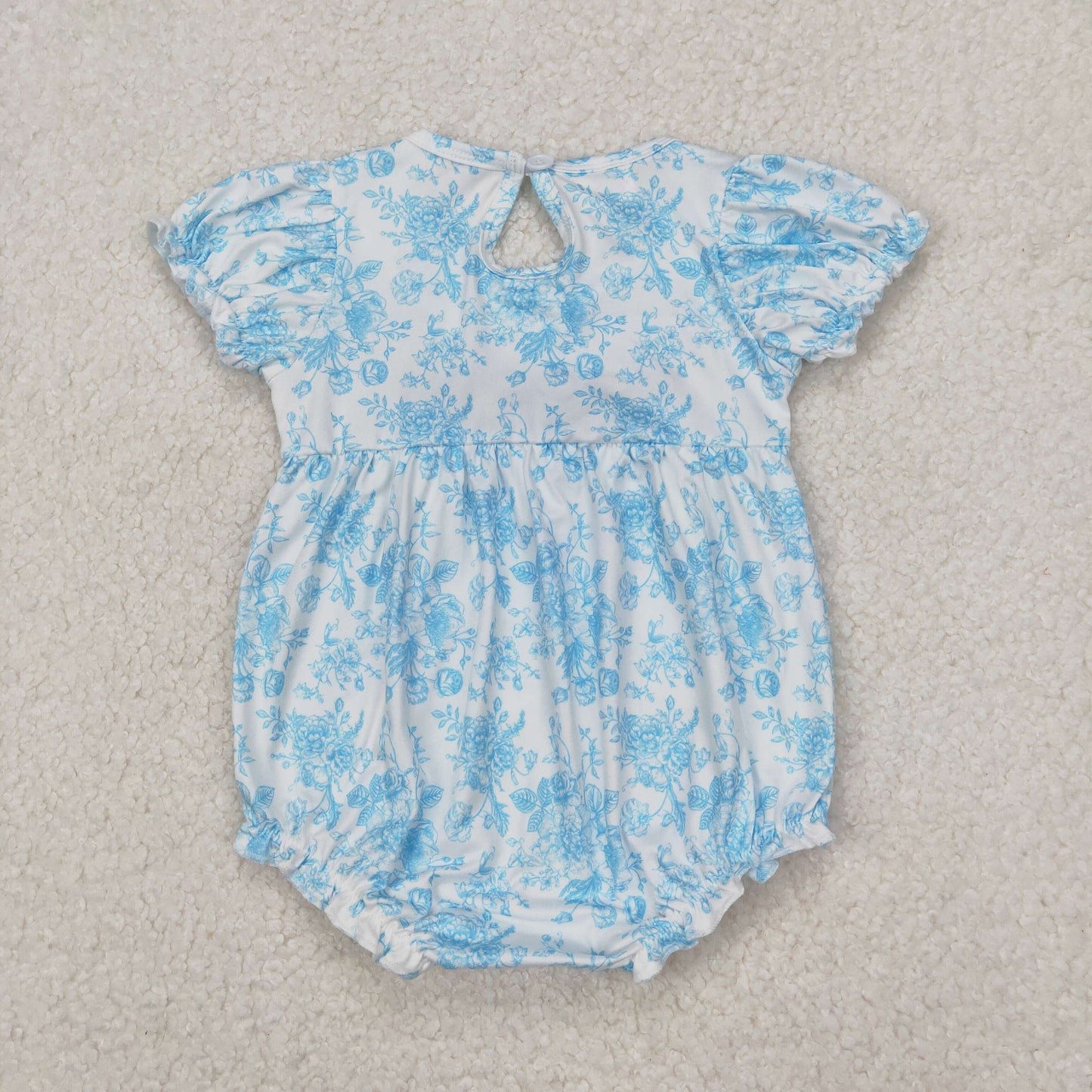 SR2784 Baby girls puff sleeve blue floral bow romper embroidery
