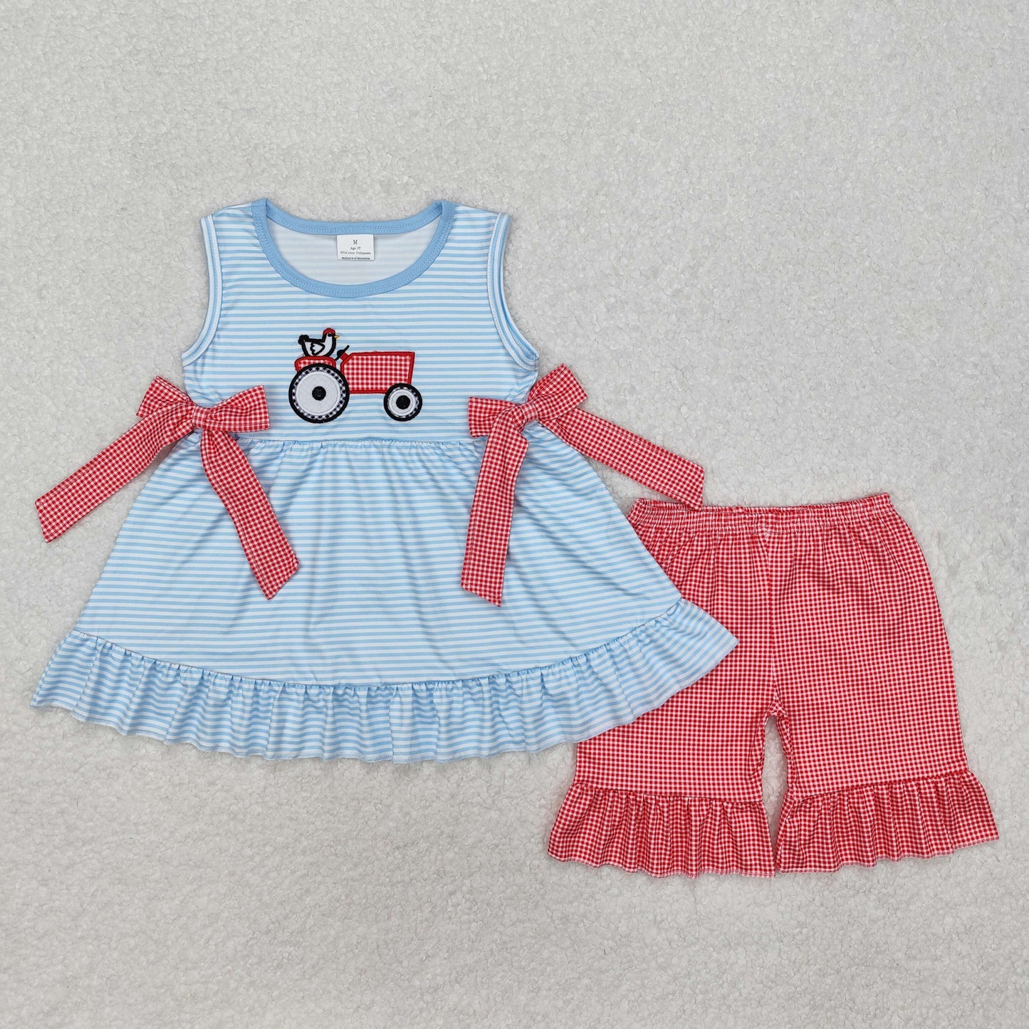 GSSO1728 girls sleeveless tractor blue stripe red plaid shorts outfits embroidery