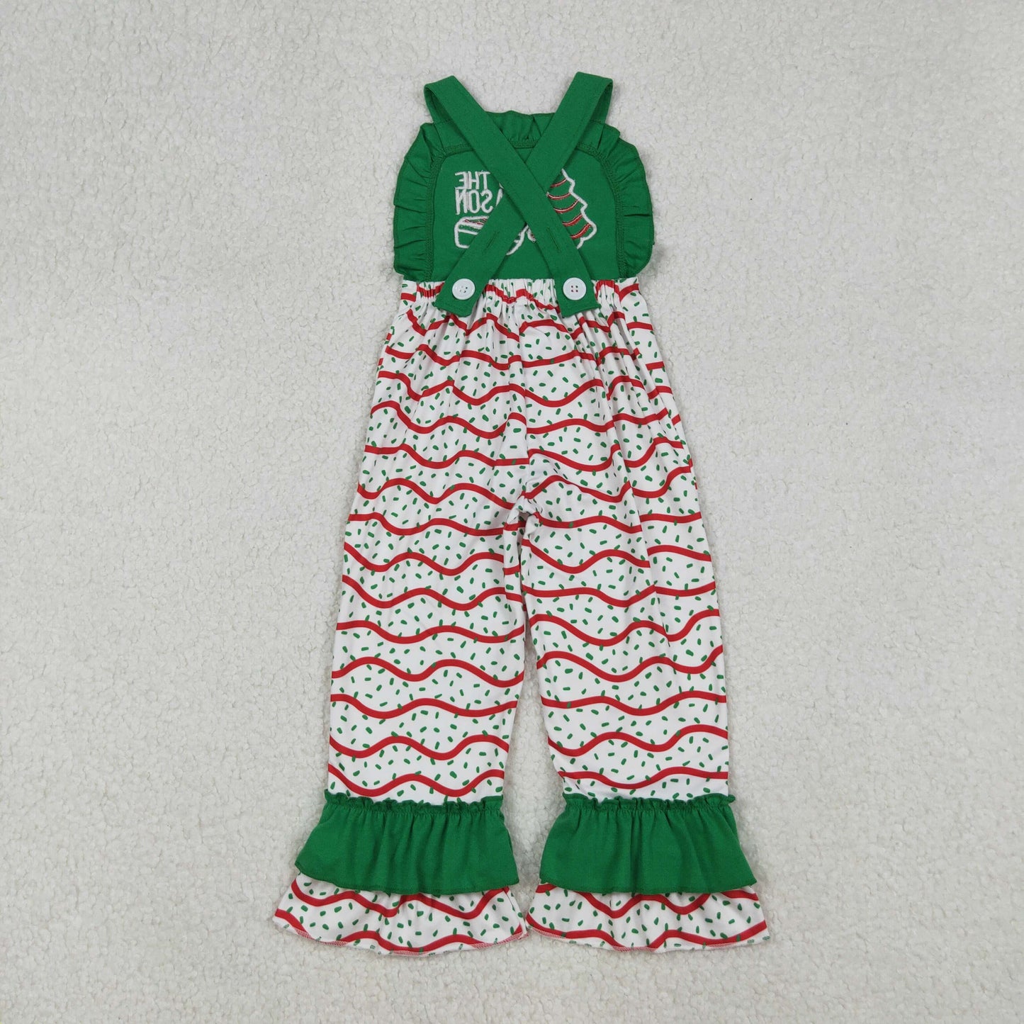 SR3178 baby girls Christmas pie tree green red wave Jumpsuit embroidery