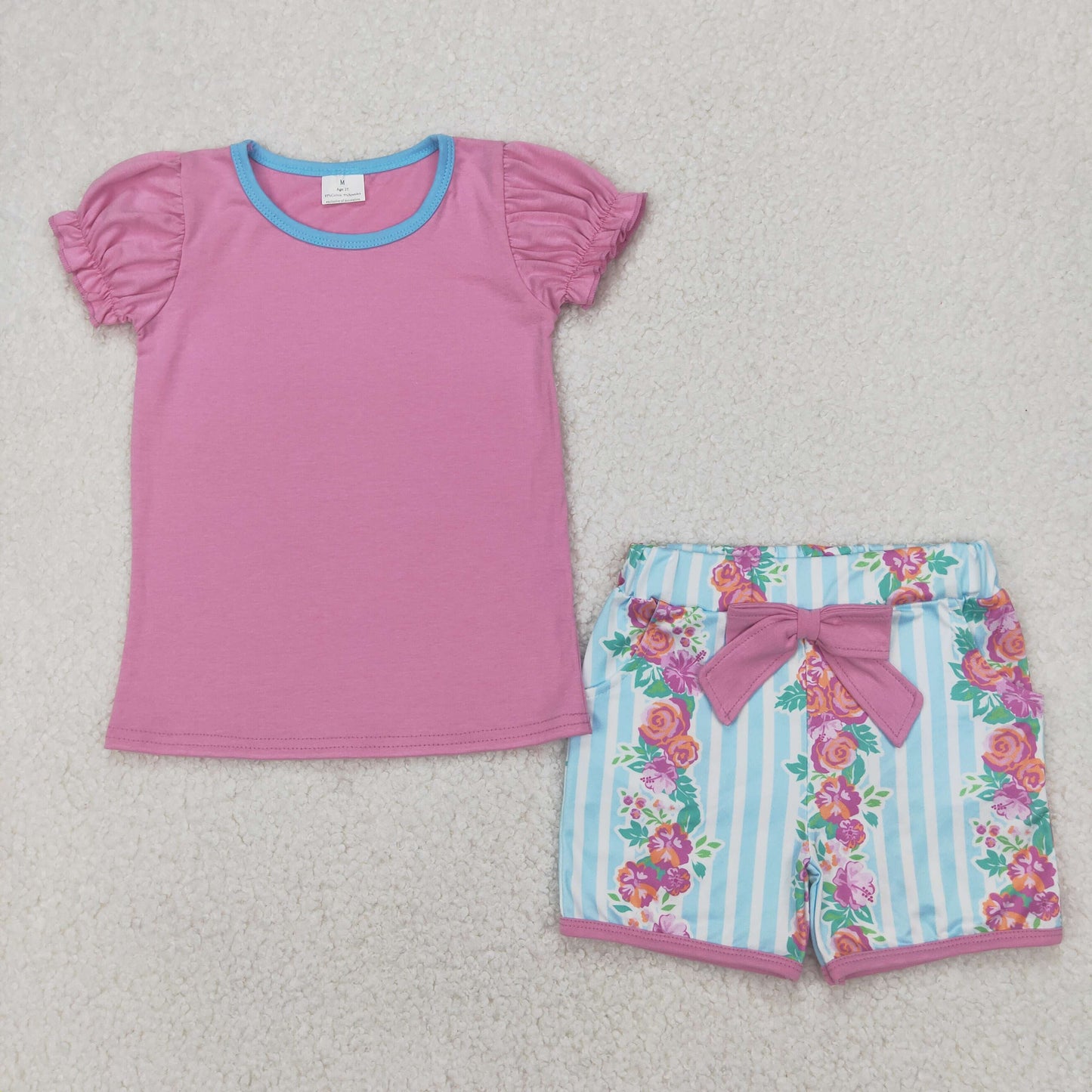GSSO2389 baby girls rose puff sleeve flower blue stripe shorts outfits