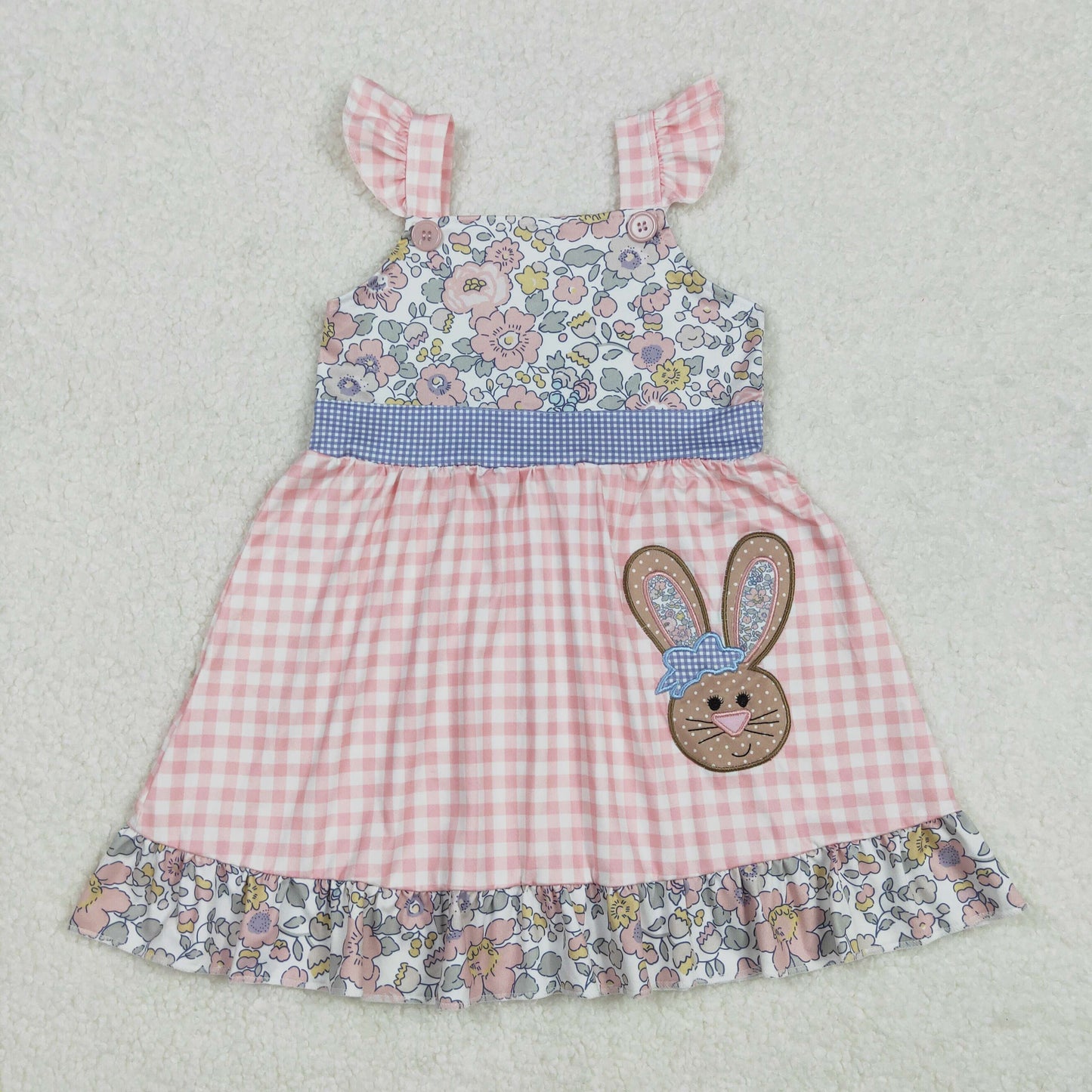 GSD0593 Girls flying sleeve bunny checked floral Dress embroidery