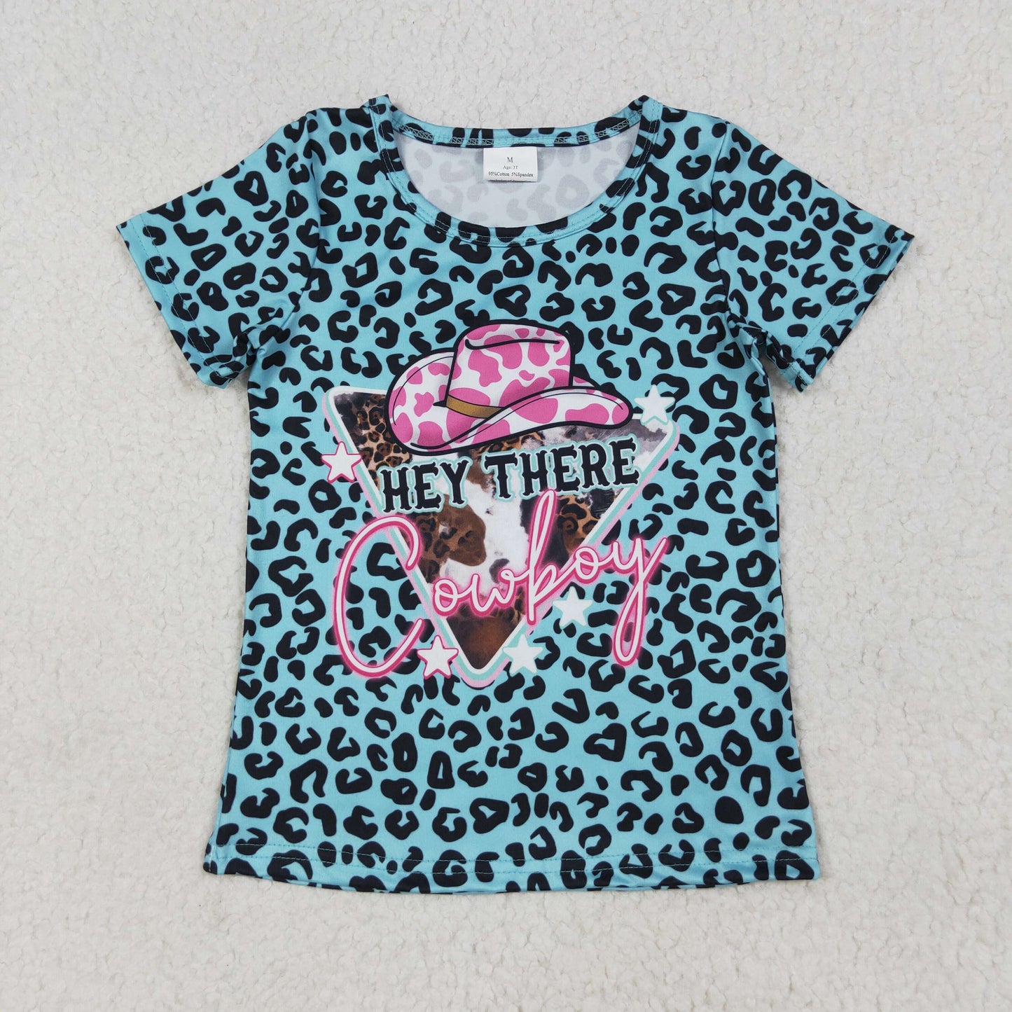 GT0934 Girls cyan leopard COWBOY short sleeve T-shirt top