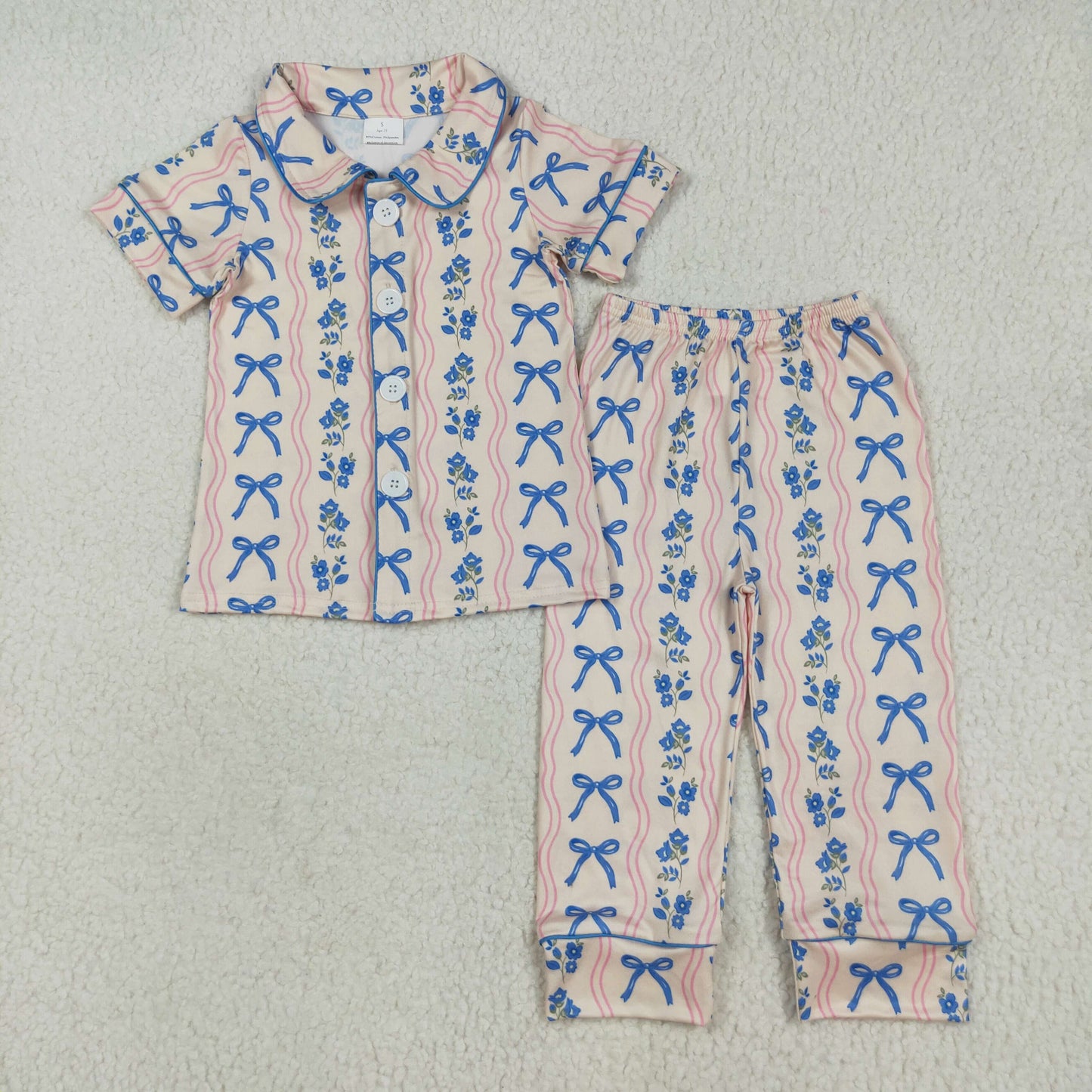 GSPO2050 baby girls blue bow flower red wave pajamas