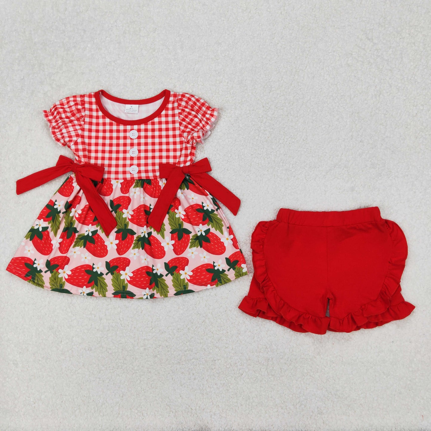 GSSO1648 Girls puff sleeve red plaid Strawberry shorts outfits