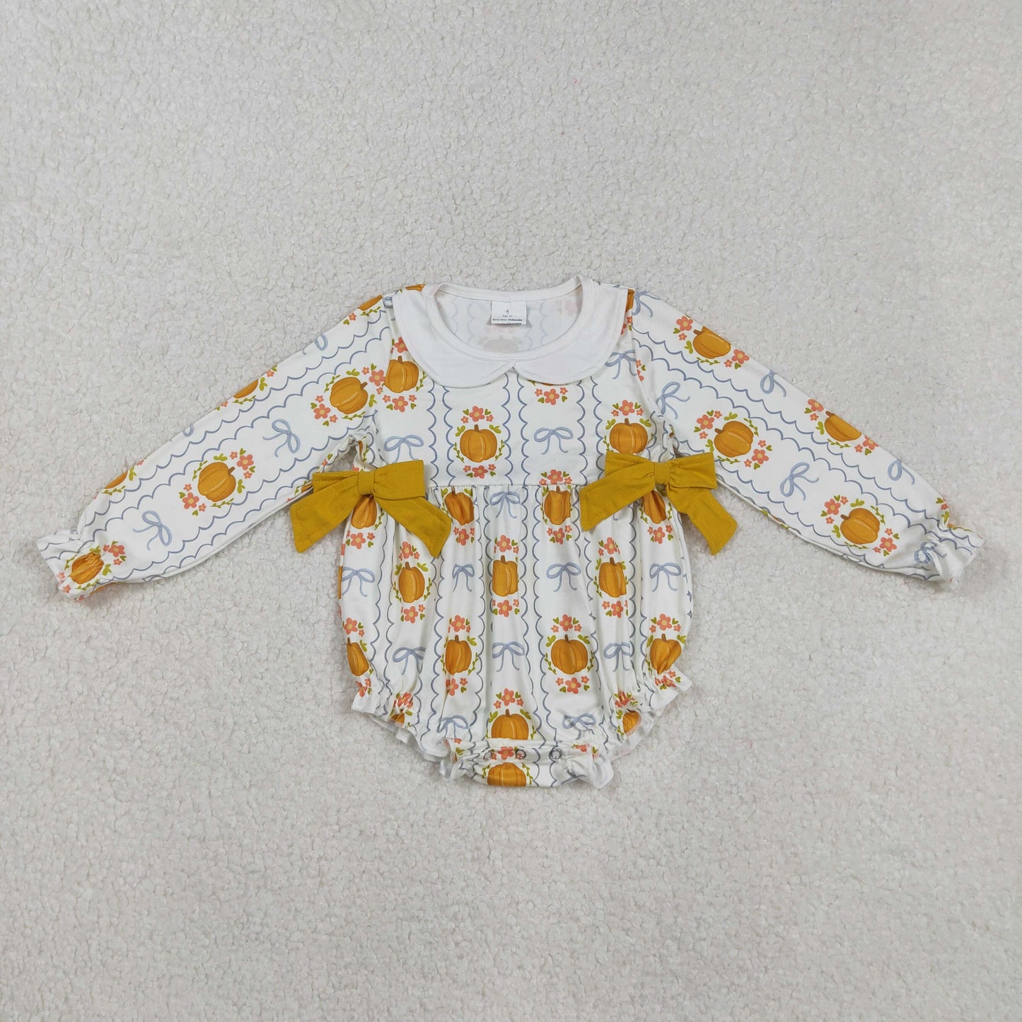 LR2389 baby girls long sleeve pumpkin orange bow romper