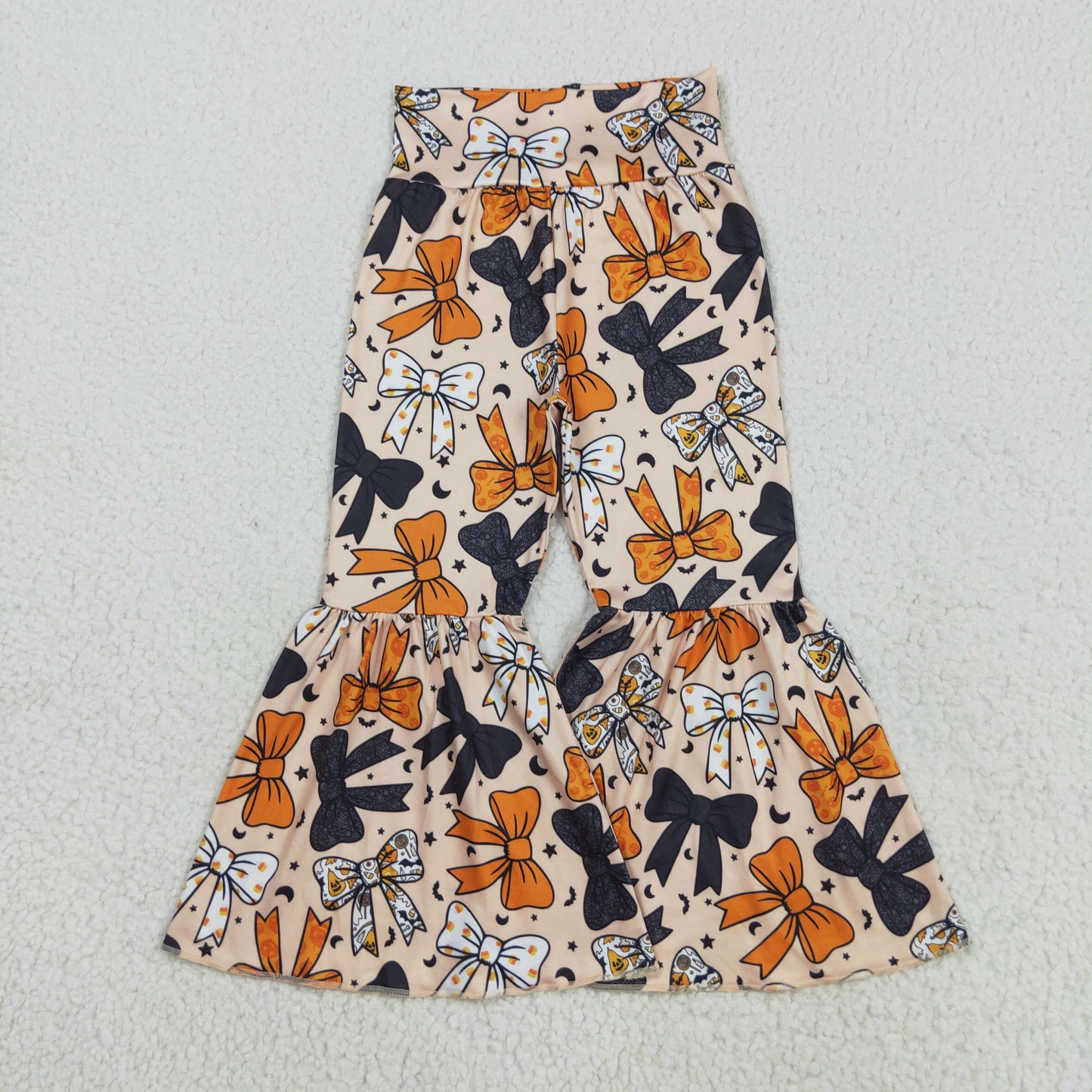P0776 baby girls black orange bow long bell pant