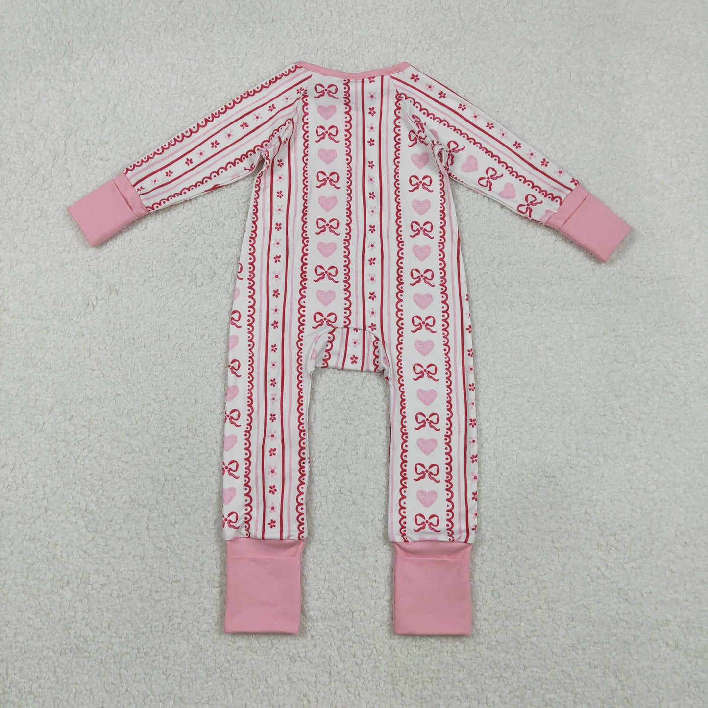 LR2781 baby girls stripe pink red bow zipper long sleeves romper