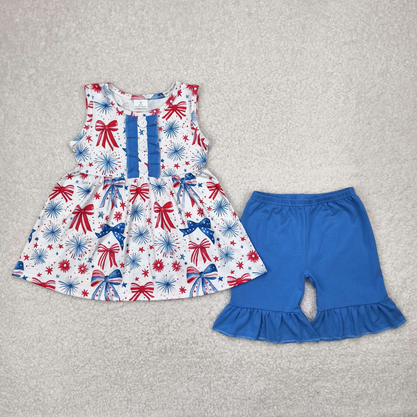 GSSO2346 baby girls July Fourth sleeveless red blue bow shorts outfits