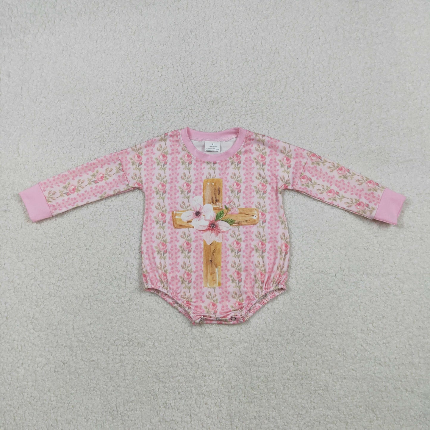 LR2837 baby girls Easter cross flower pink long sleeves romper