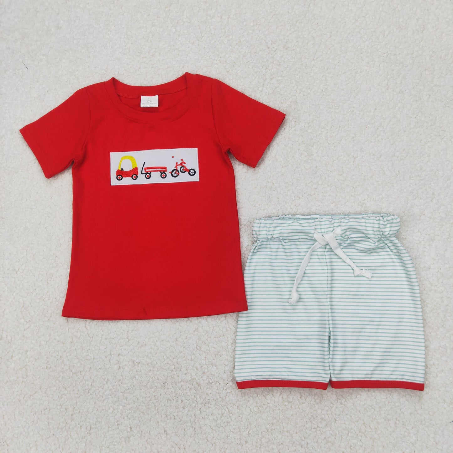 BSSO1432 Boys red short sleeve car green stripe shorts outfits embroidery