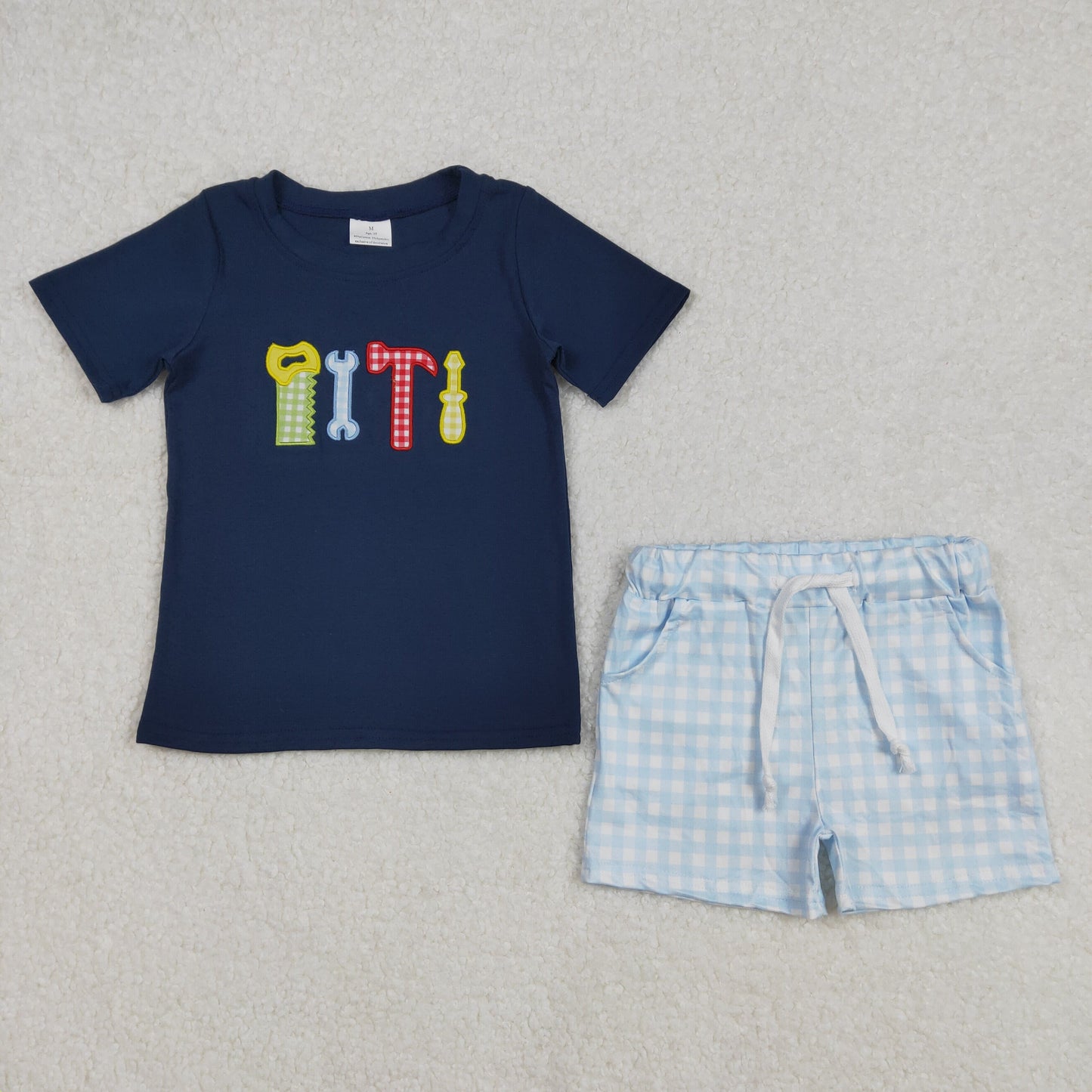 BSSO1118 Boys tool blue plaid shorts Outfits embroidery