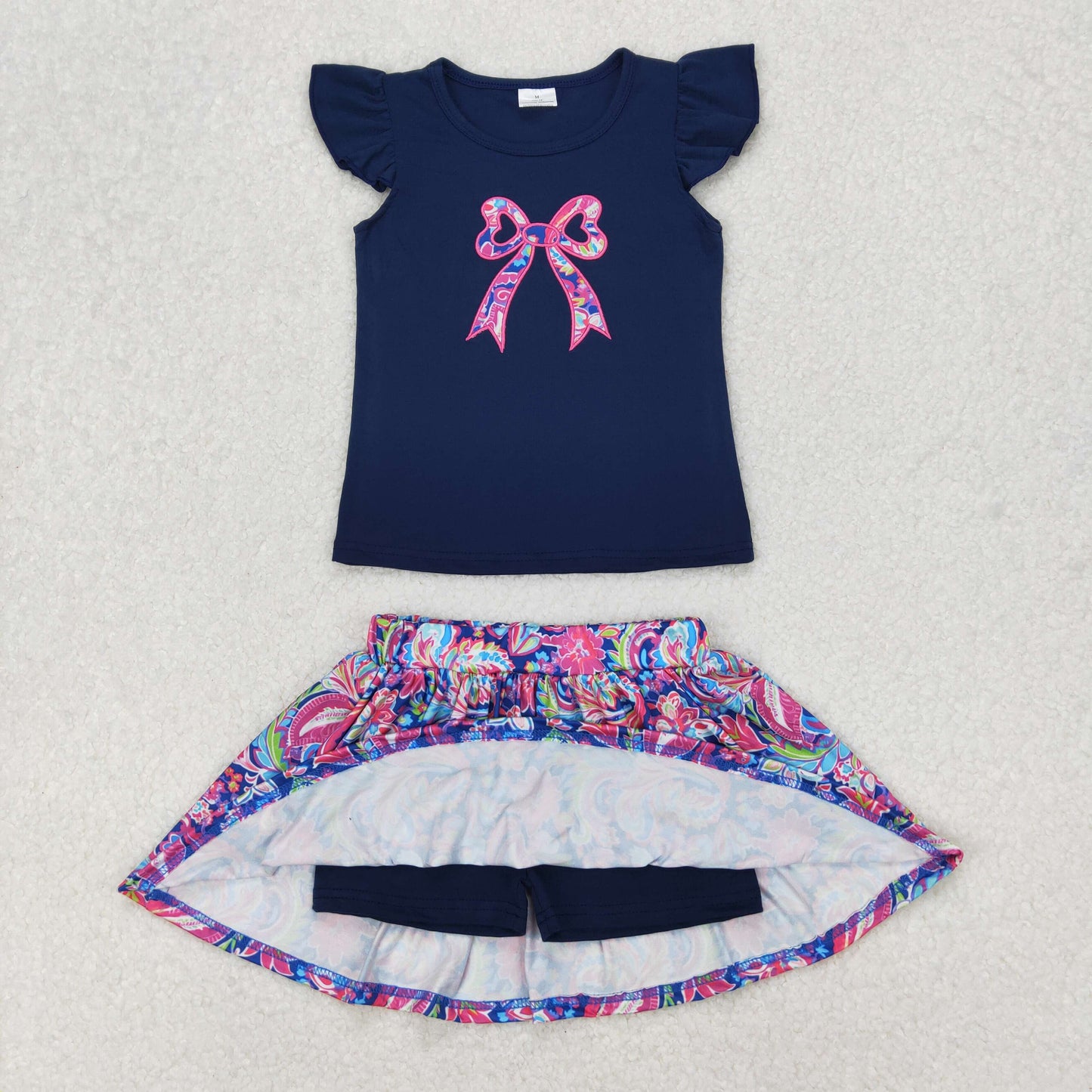 GSD1689 baby Girls dark blue flying sleeve bow Dress embroidery