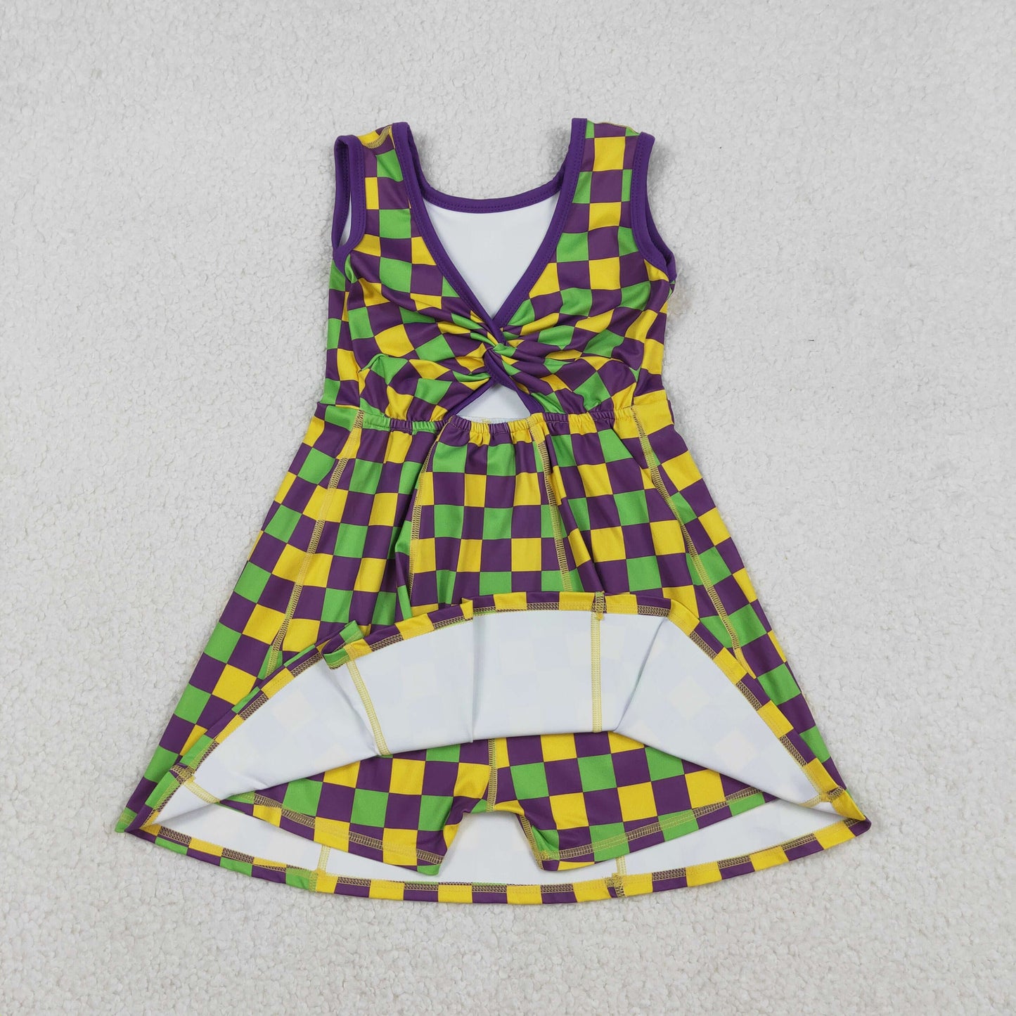 GSD2946 girls Mardi Gras checkered sleeveless Dress yoga