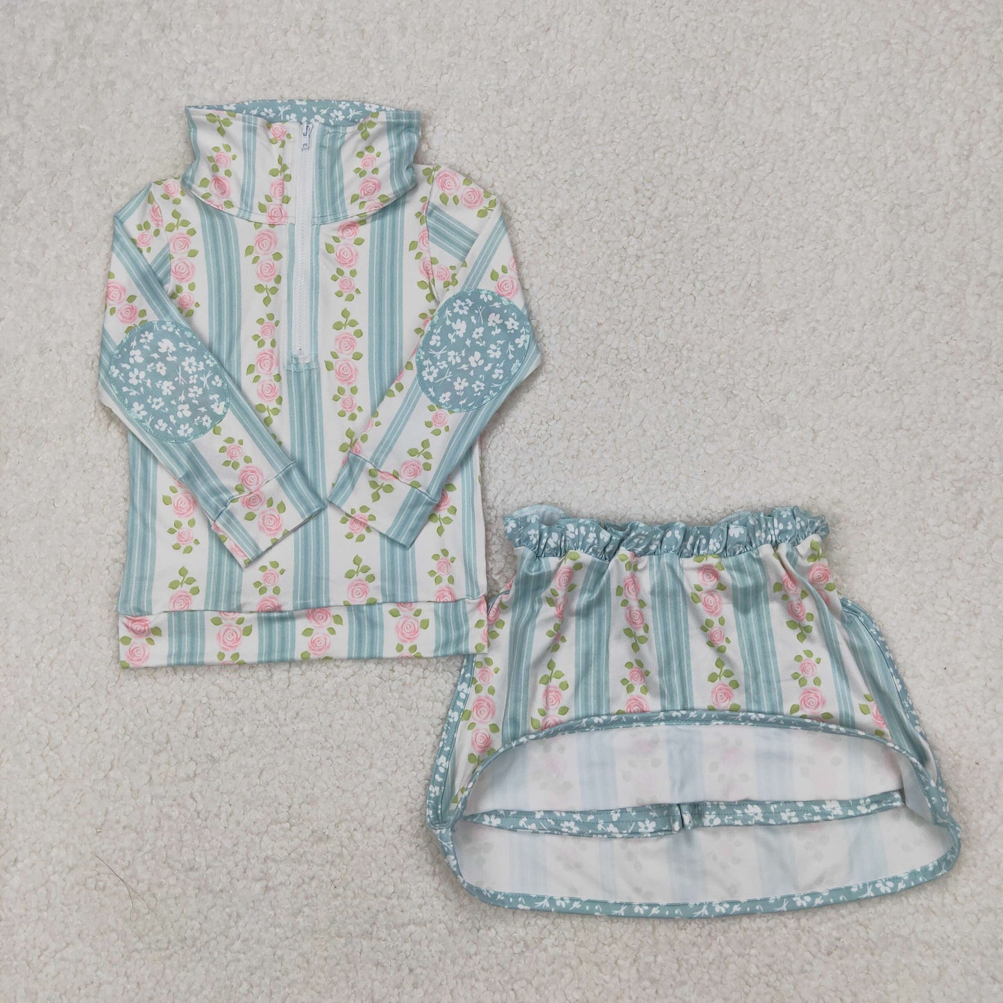 GLD1001 baby Girls green stripe bow long shirt skirt outfits