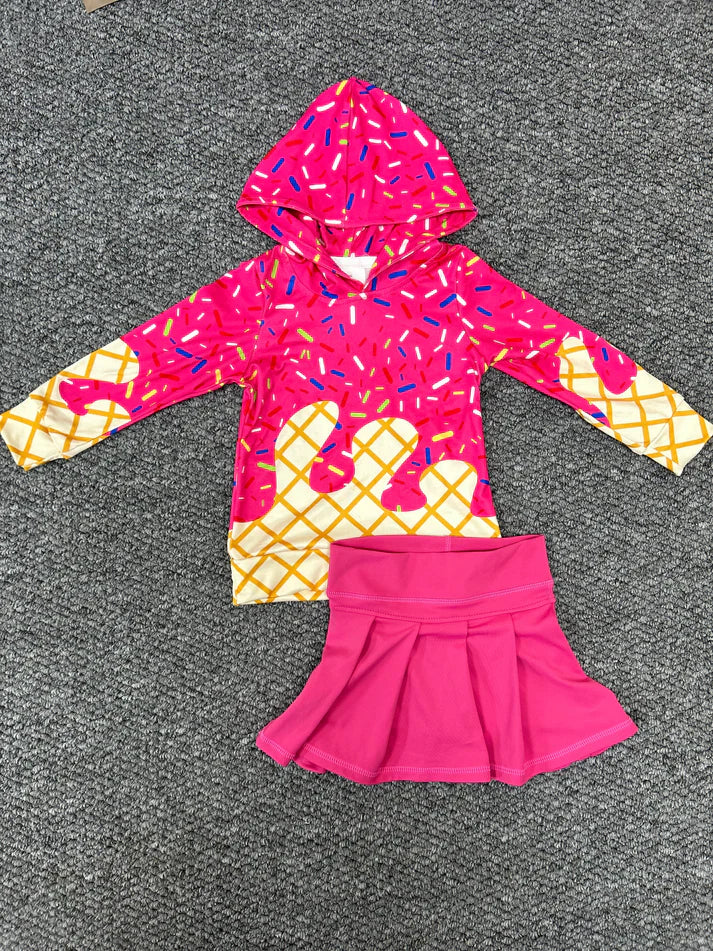 RTS BT1271+GLK0079 Girls Waffle Ice Cream Rose Red Hooded Long-Sleeved Top Plain Rose Red Yoga Skirt sets