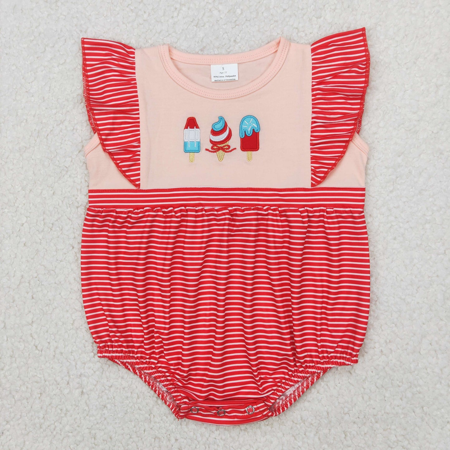 SR2635 Baby girls red stripe romper embroidery