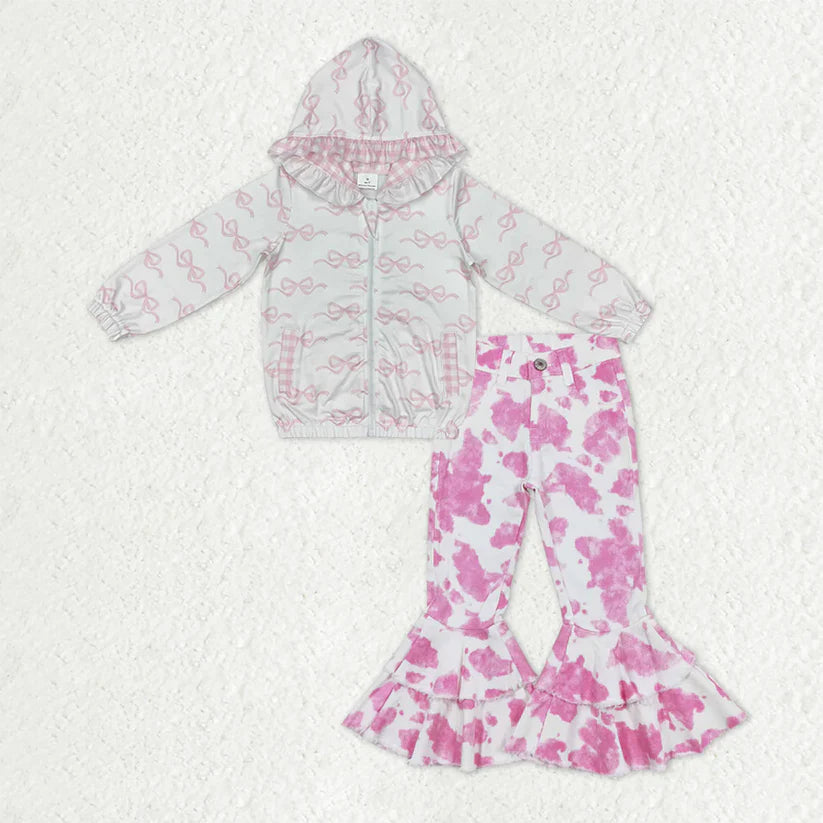 Matching Baby girls Pink zipper hooded long denim s sets