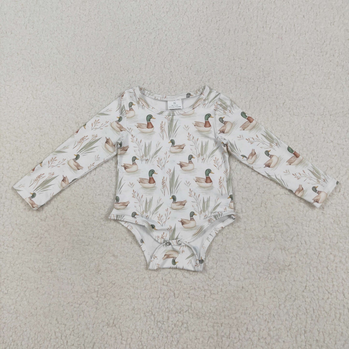 LR2338 Baby Boys green duck long sleeve romper