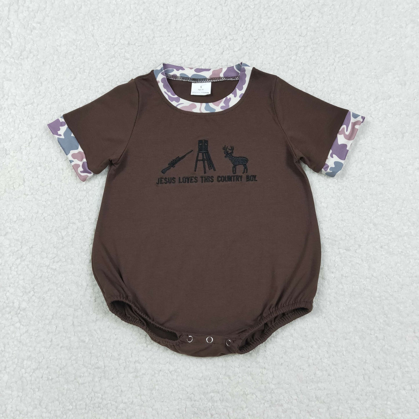 SR3280 baby boys brown camo short sleeve romper embroidery