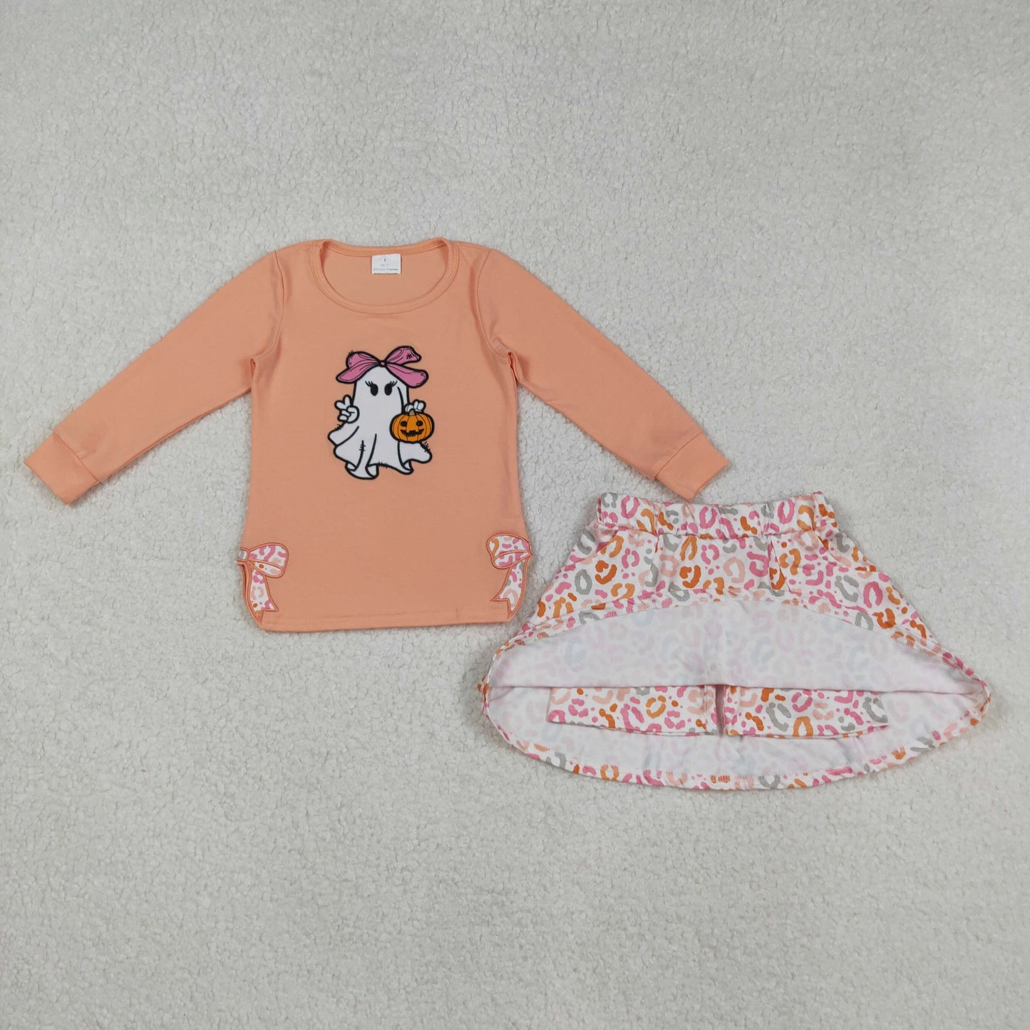 GLD1174 girls ghost bow pink orange long sleeve leopard skirt outfits embroidery