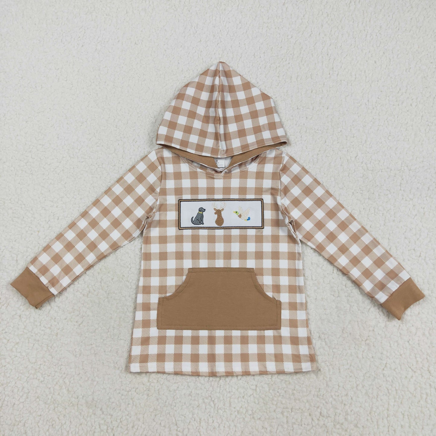 BT1285 baby boys deer duck checkered brown hoodies top embroidery