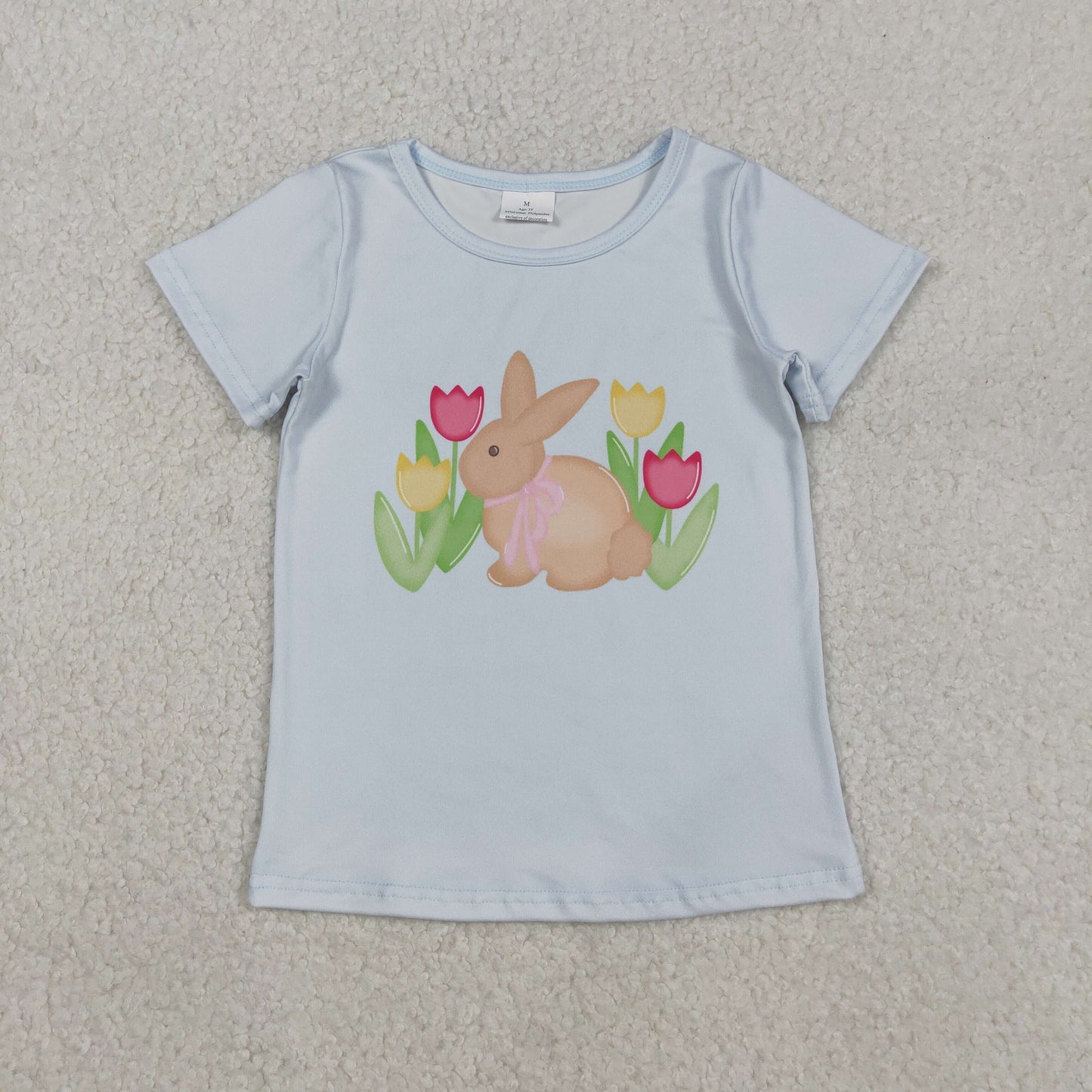 GT1398 Girls Easter bunny flower blue short sleeve T-shirt top