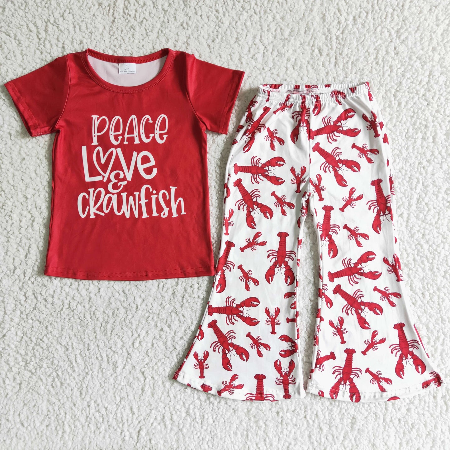 2.99 B16-25 Girls Peace Love Crawfish Outfits Short Sleeves Bell Bottom Pants