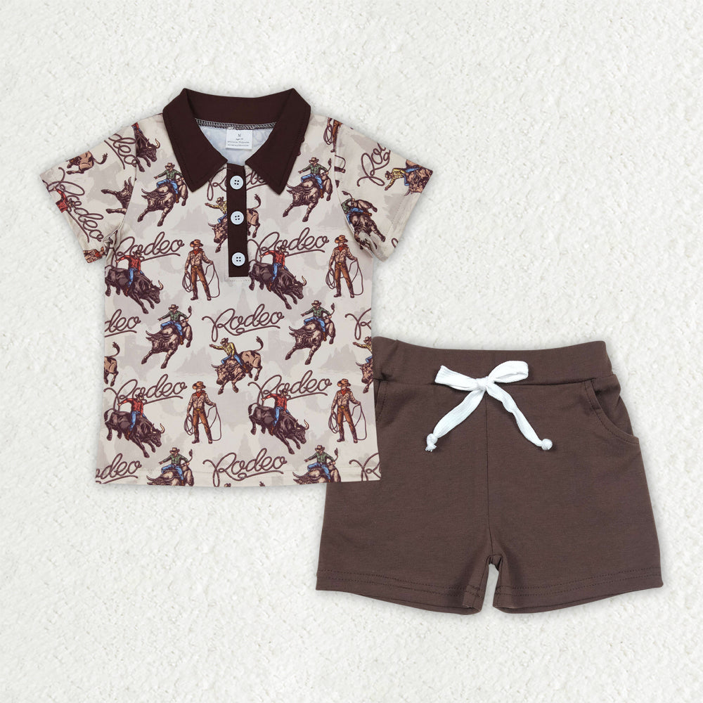 BSSO1467 Boys brown cowboy horse short sleeve shorts outfits