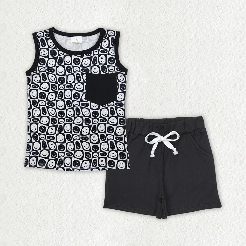 BSSO1483 Boys sleeveless black pocket shorts outfits