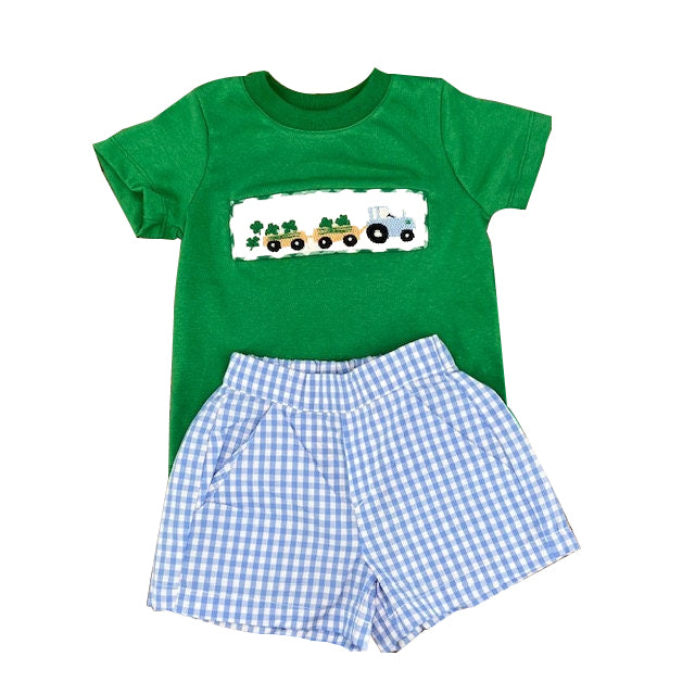10.13 Pre-order BSSO1571 Boys Mardi Gras green short sleeve blue checkered shorts outfits
