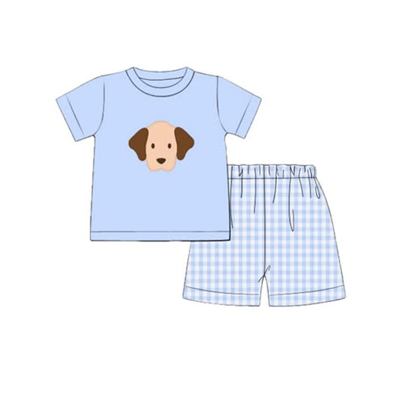 10.13 Pre-order BSSO1572 Boys puppy short sleeve blue checkered shorts outfits