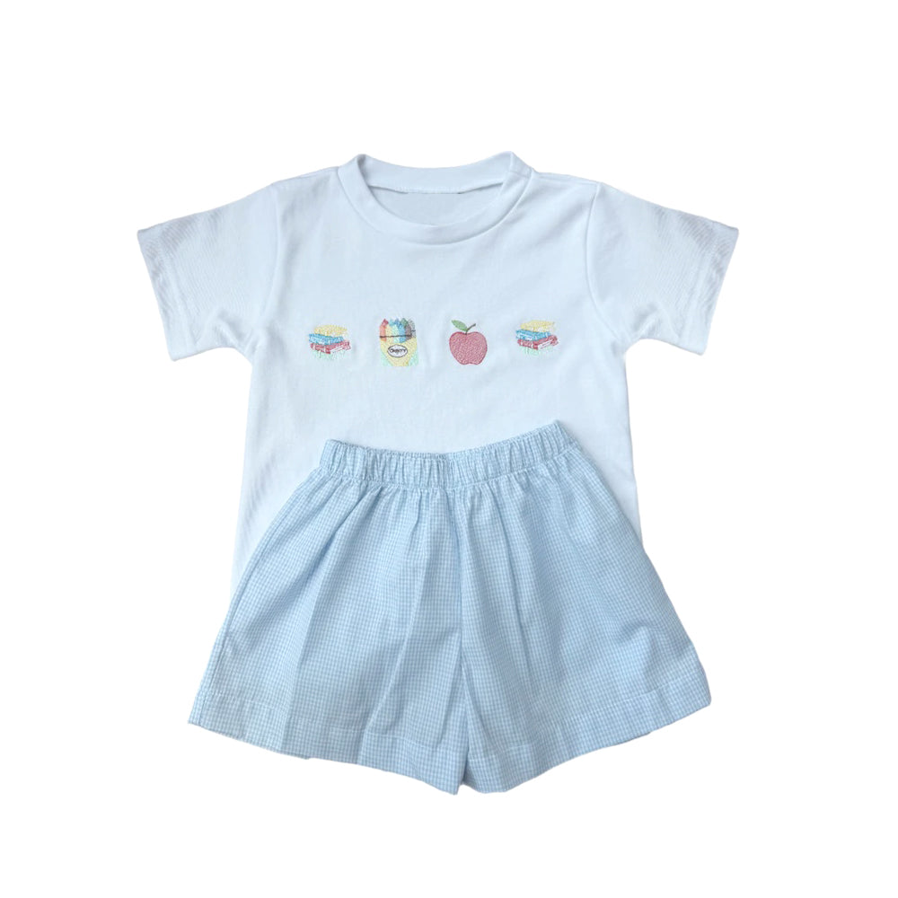 12.2 Pre-order BSSO1755 Boys back to school blue short sleeve checkered shorts outfits