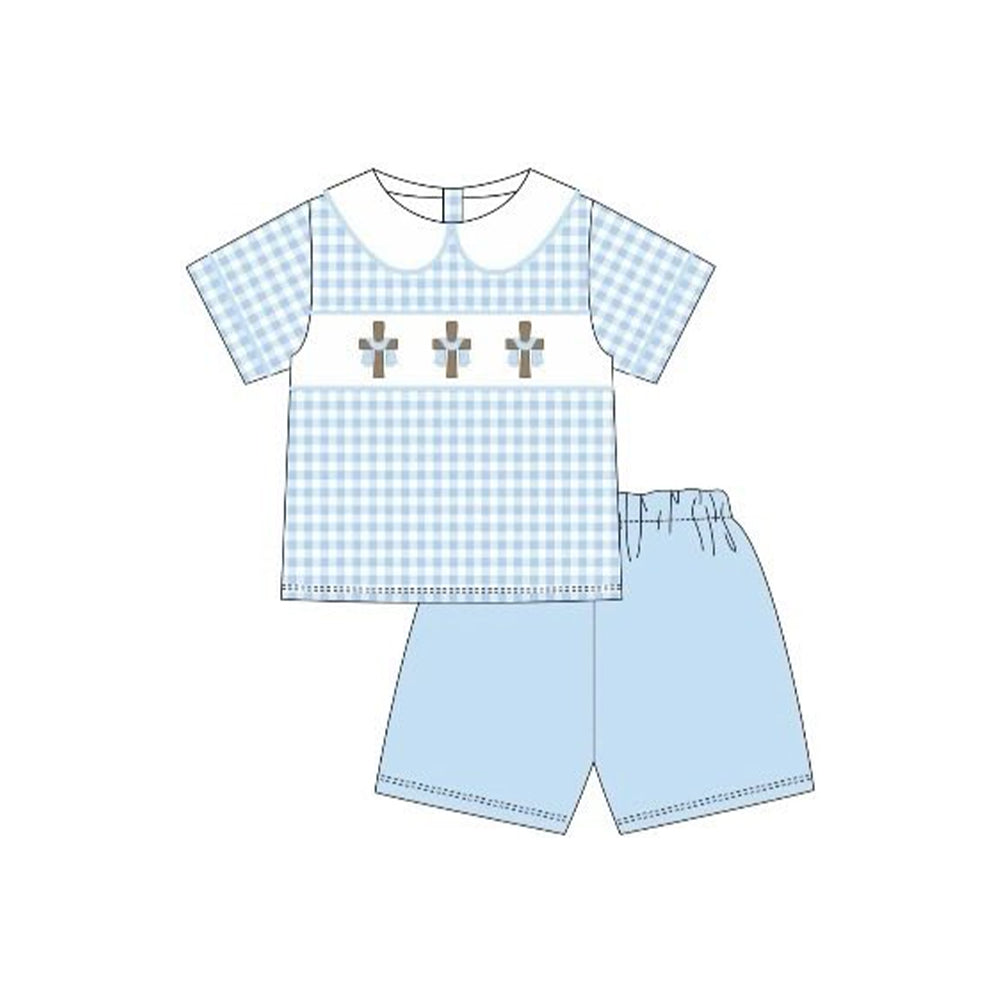 12.5 Pre-order BSSO1765 Boys Easter checkered doll short sleeve blue shorts outfits