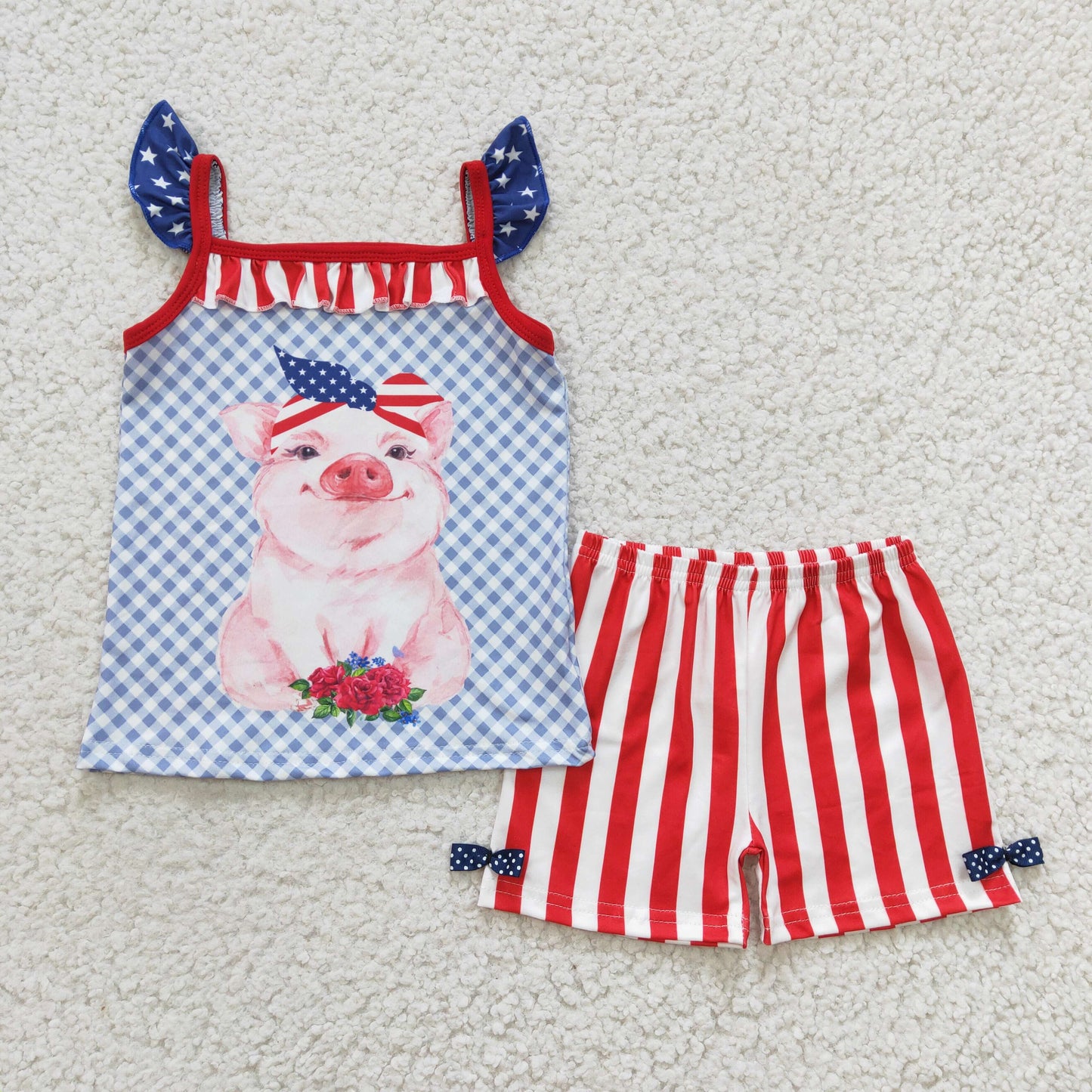 C4-11 Girls Pig Outfits Short Sleeves Red Stripe Shorts