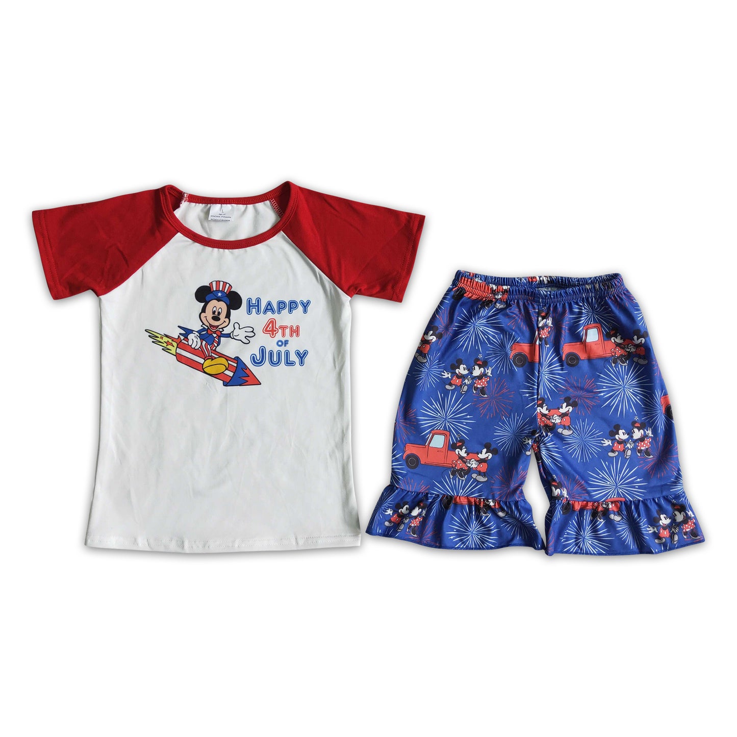 D10-28 Girls Happy 4th Of July Outfits Short Sleeves Blue Shorts