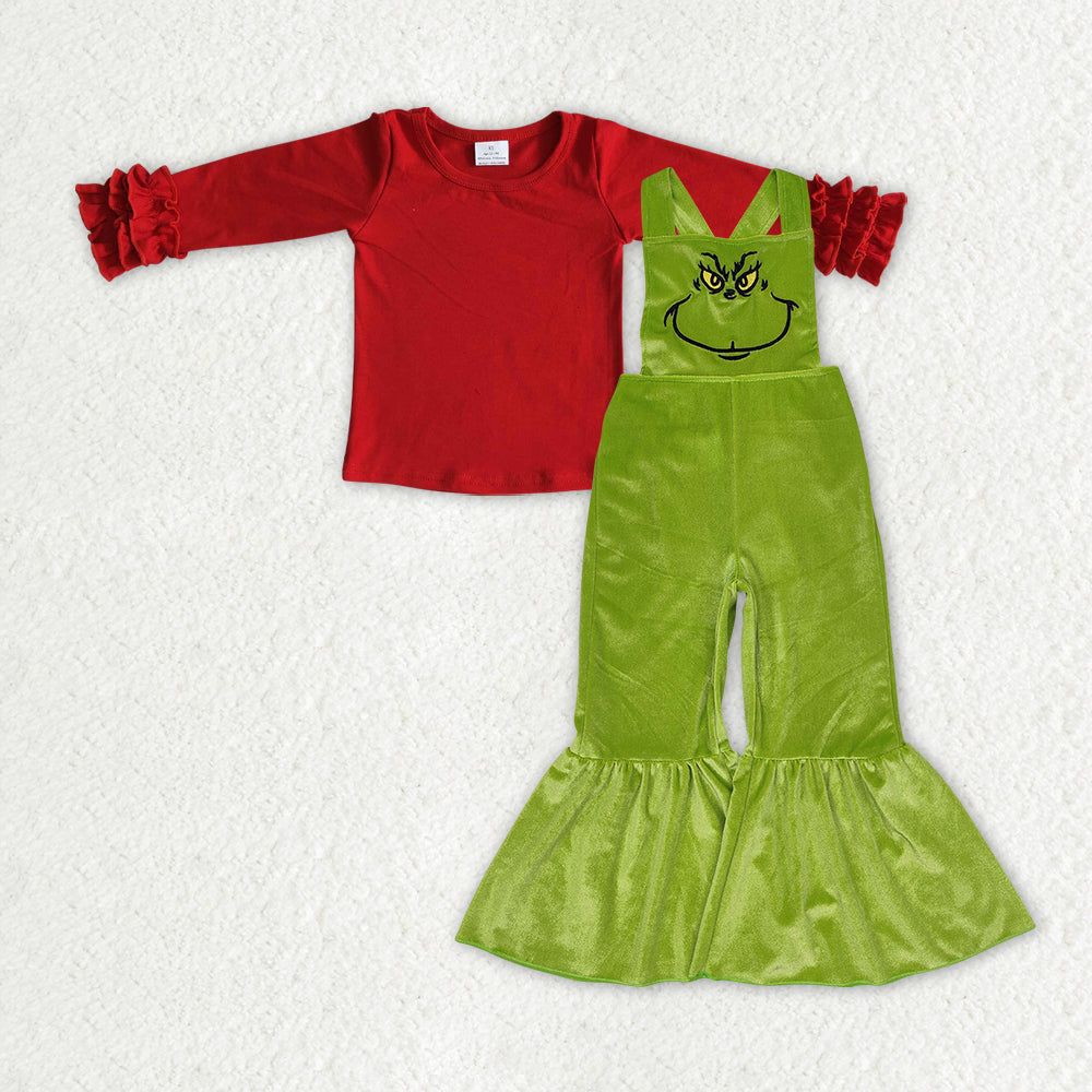 GLP2279 Girls red long-sleeved embroidered smiley face green outfits