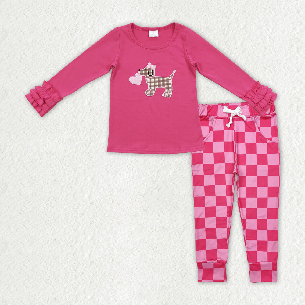 GLP2315 baby Girls puppy long sleeve rose plaid pant outfits