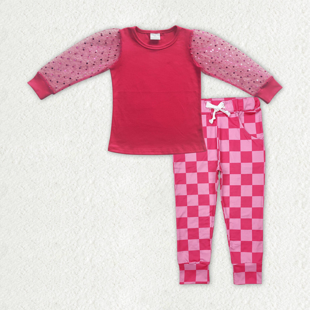 GLP2317 baby Girls net yarn long sleeve rose plaid pant outfits