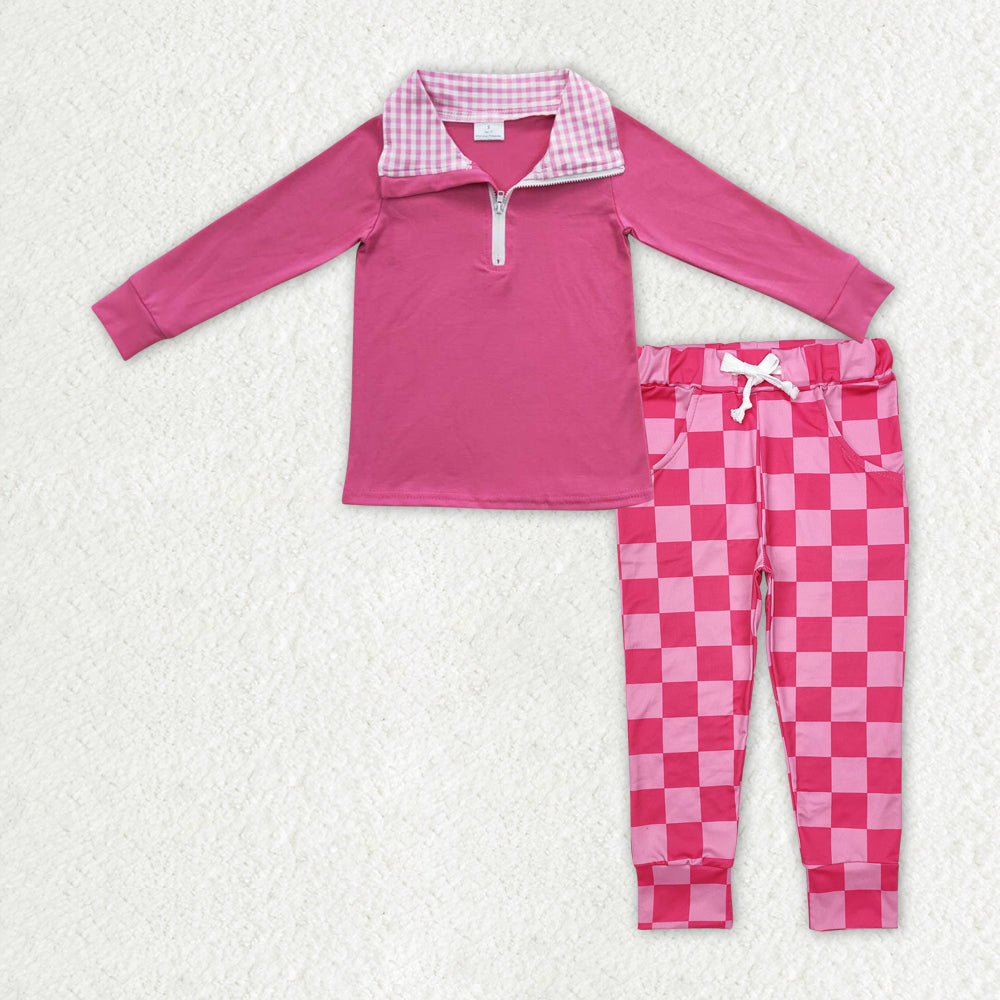 GLP2318 baby Girls zipper long sleeve rose plaid pant outfits