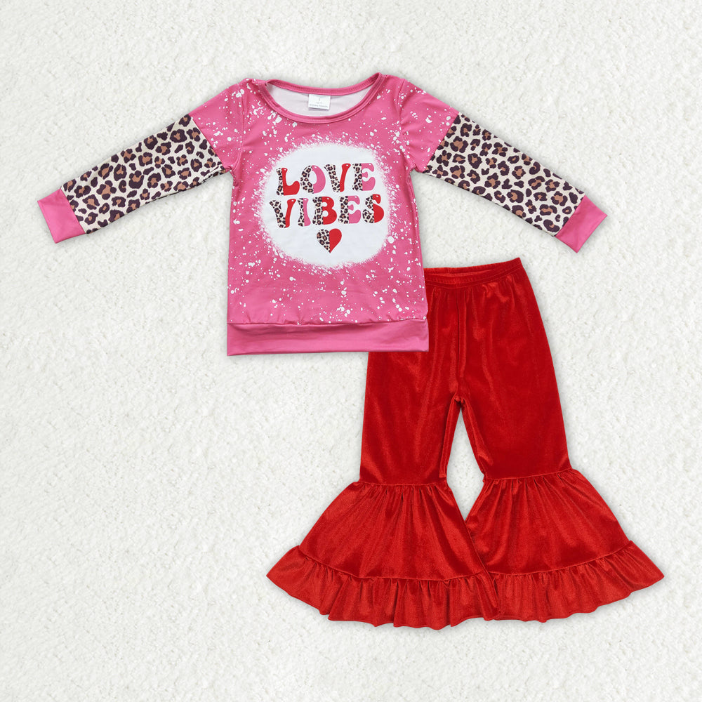 GLP2331 Girls Valentine's Day Outfits VIBES pink leopard Long Sleeves Ruffled Pants