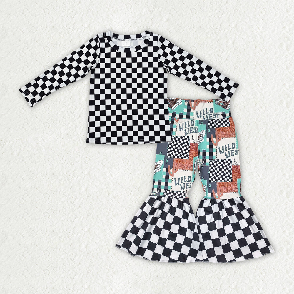 GLP2334 Girls black white checkered WILD Outfits long Sleeves Pants