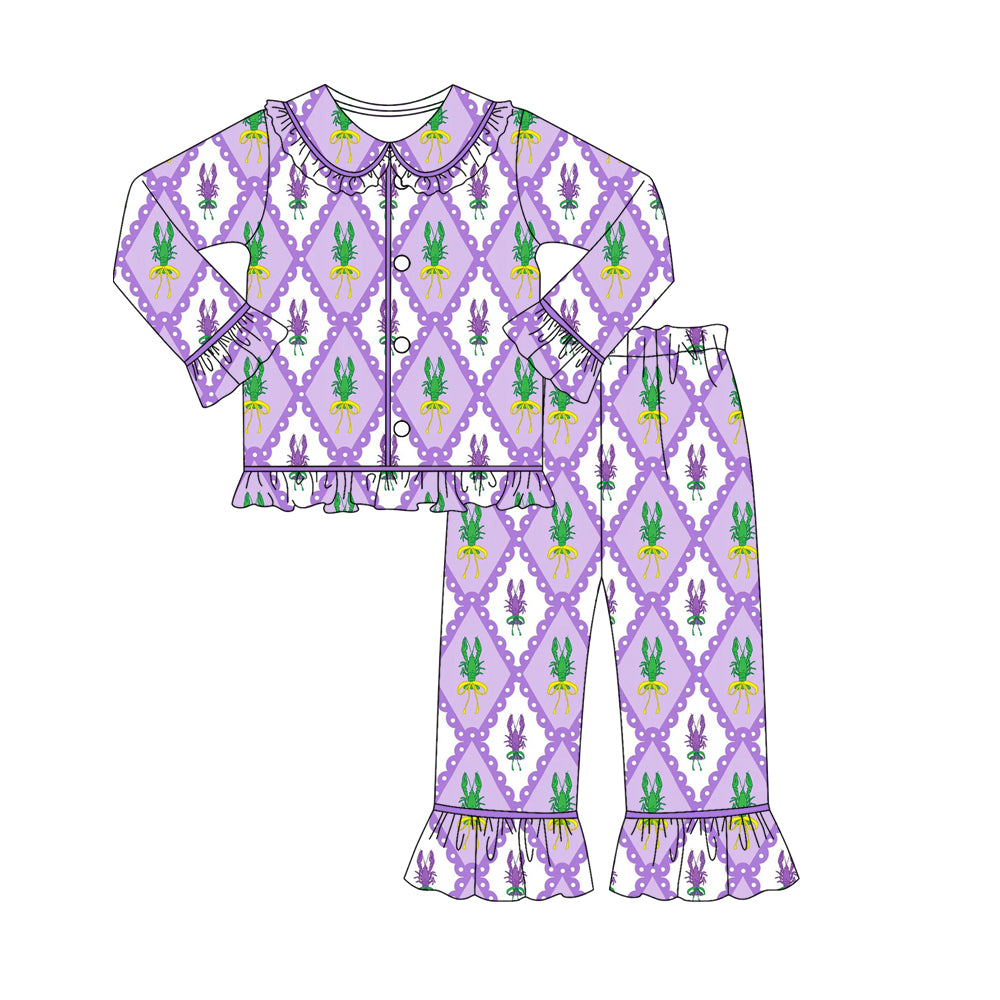 10.1 Pre-order GLP2947 baby girls Mardi Gras button purple pajamas