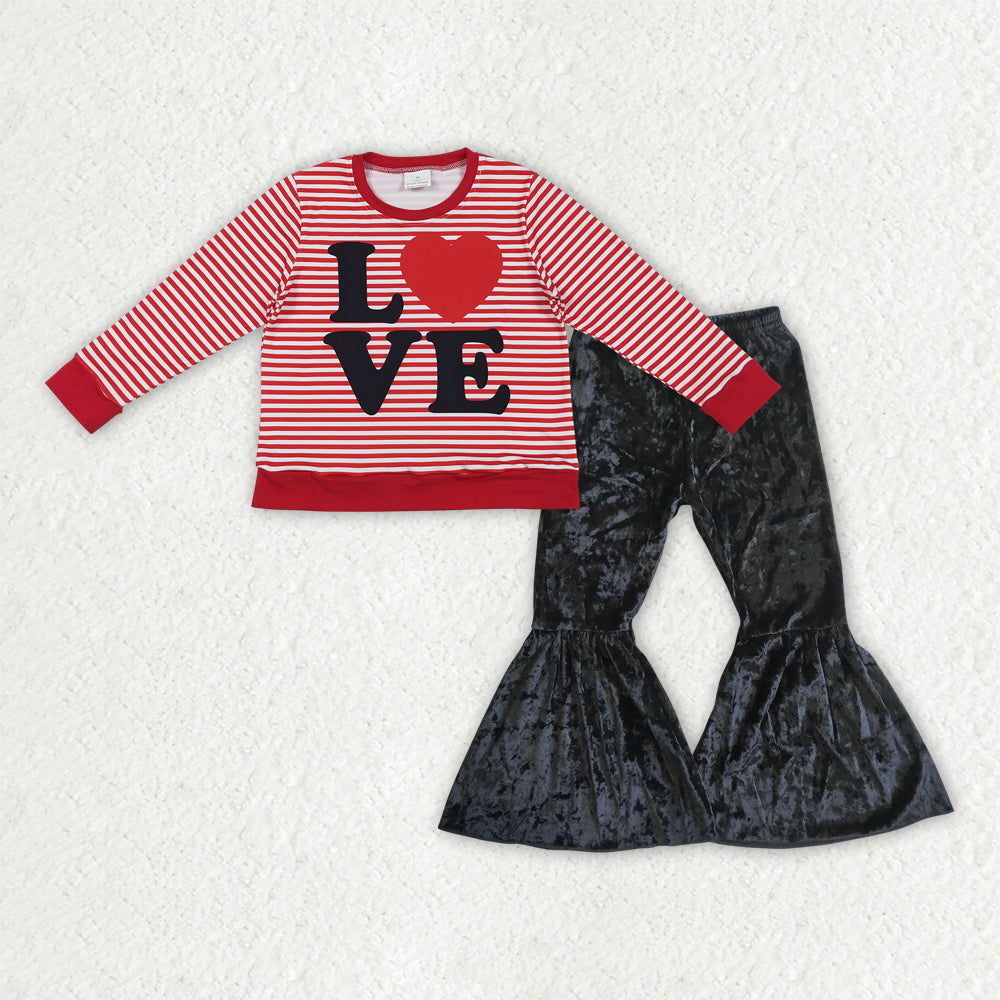 GLP3082 baby girls Valentine LOVE red stripe long Black Velvet Bell Bottom Pants outfits