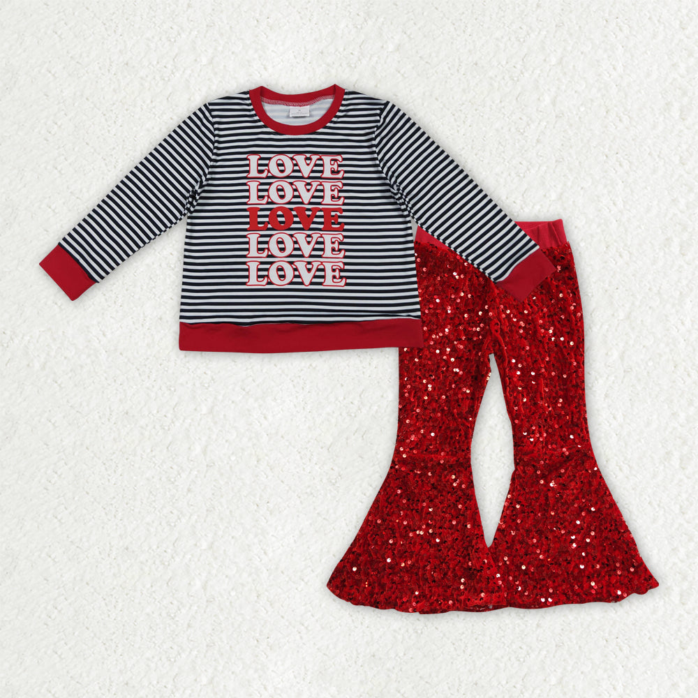 GLP3084 Girls Valentine LOVE black stripe Outfits red Sequined Pants