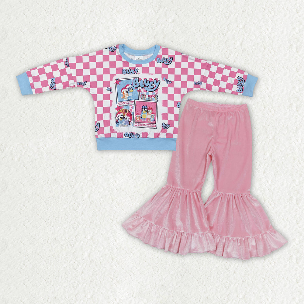 GLP3186 toddler Christmas girls cartoon checkered long sleeve pink velvet outfits