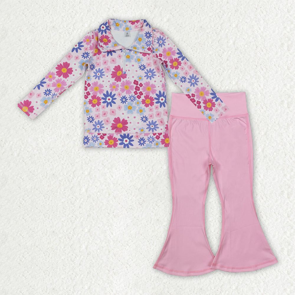 GLD3273 baby girls flower zipper long sleeve pink long pant Outfits yoga