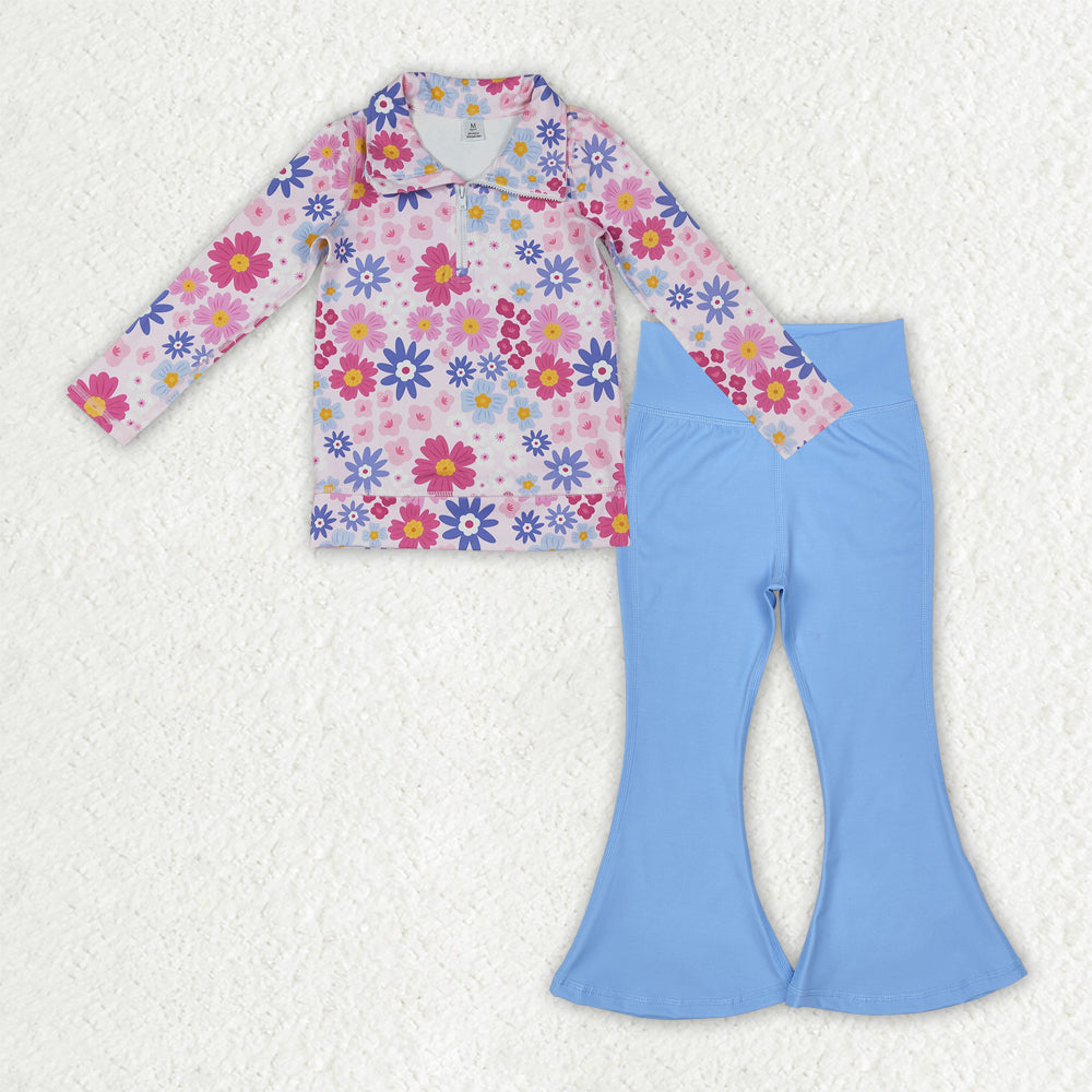 GLD3274 baby girls flower zipper long sleeve blue long pant Outfits yoga