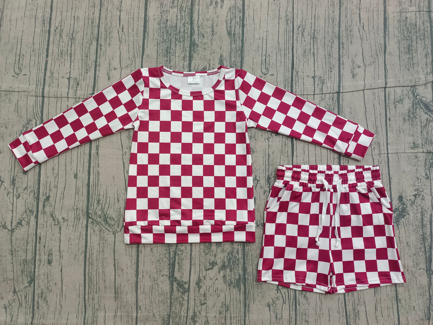 Pre-order GLS0053 girls red checkered long sleeve shorts outfits