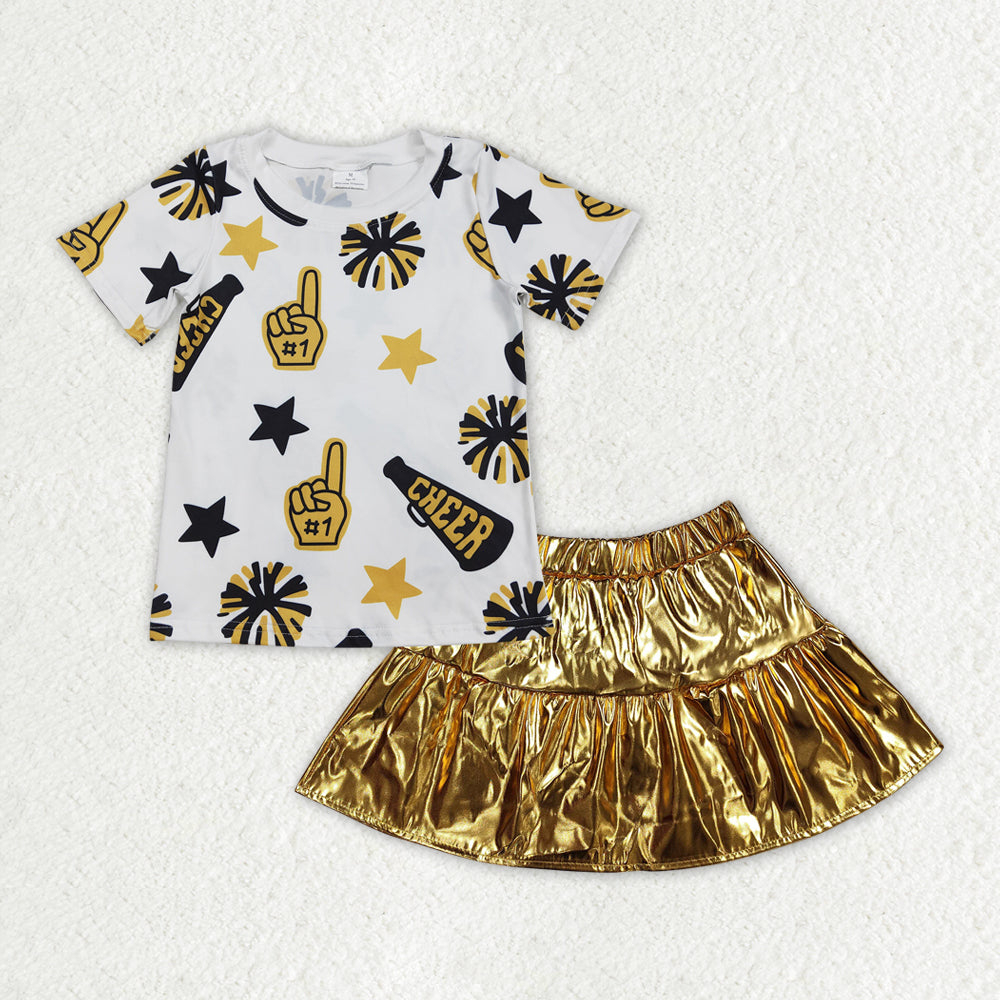 GSD2173 girls CHEER white short sleeve star golden skirt outfits