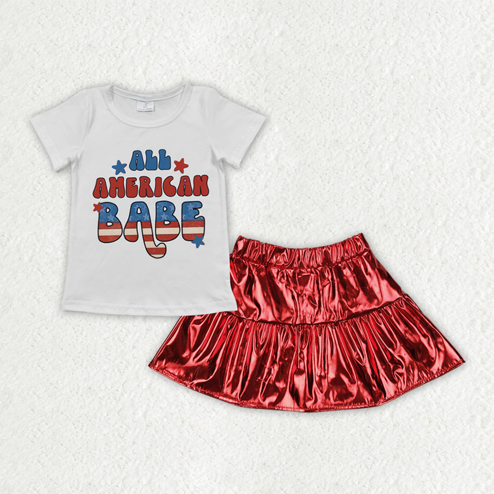 GSD2446 baby girls July Fourth babe short sleeve red leather skirt outfits